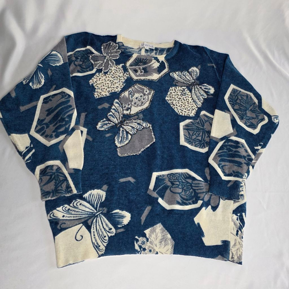 Vintage Women's Blue Patterned Embellished Butterflies Wool Blend  Sweater Sz L